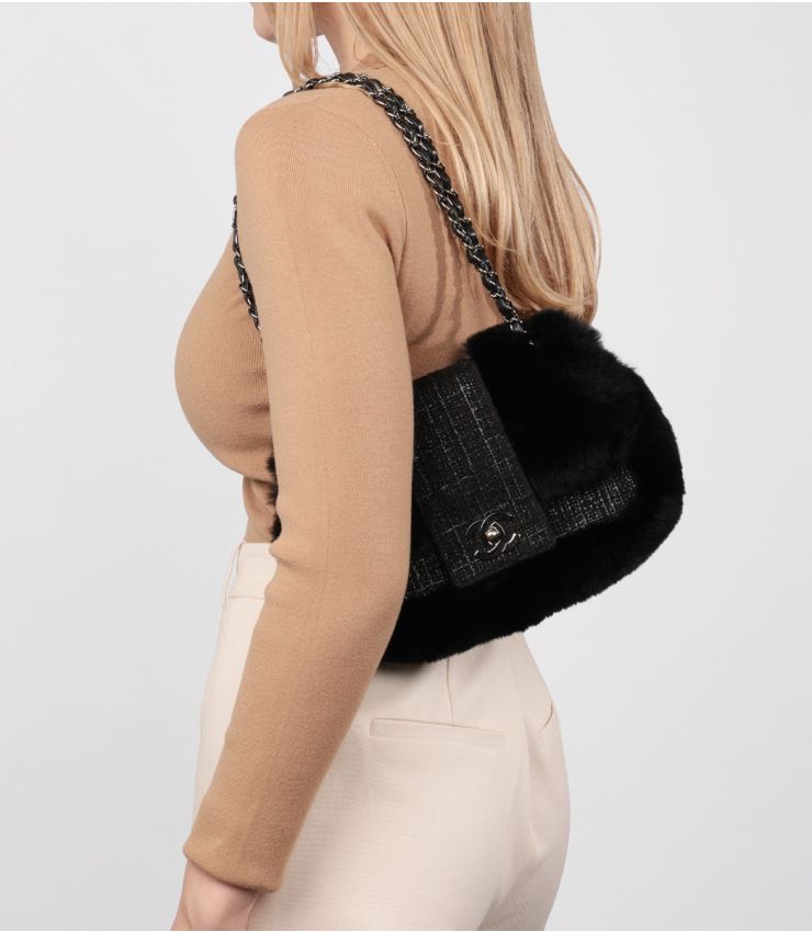 Chanel Black Fur & Tweed Medium Classic Flap Bag HB5156 | Xupes