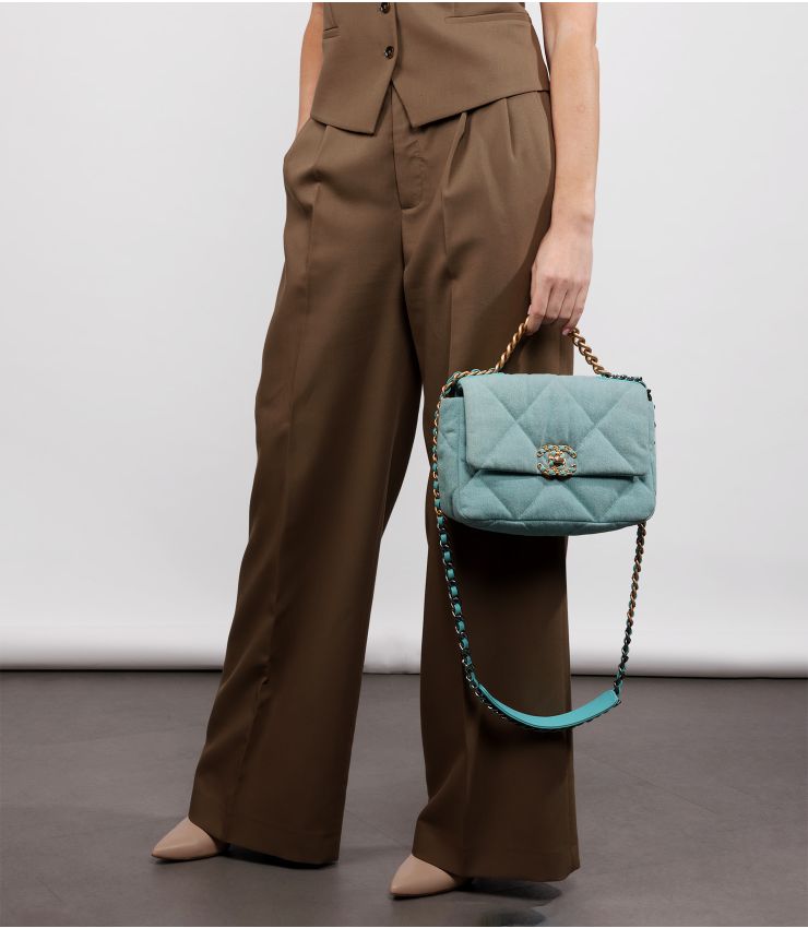 Light Blue Quilted Denim Turquoise Lambskin Leather Small 19 Flap Bag