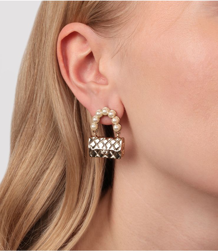 Faux Pearl Gold Tone Quilted Flap Bag Earrings