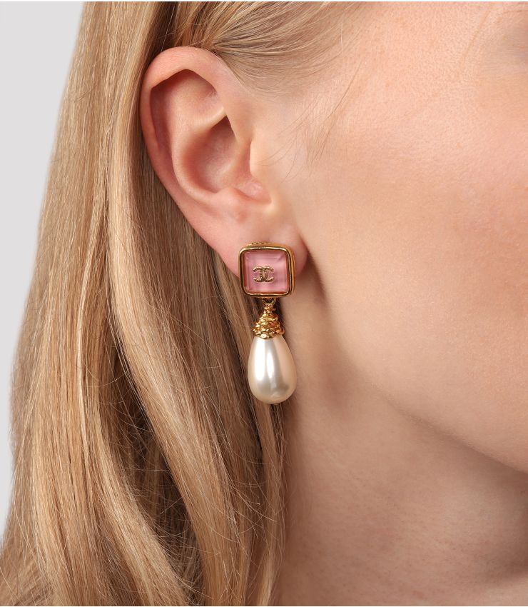 Chanel Pink Resin & Pearl Gold CC Drop Earrings AAJ048 | Xupes