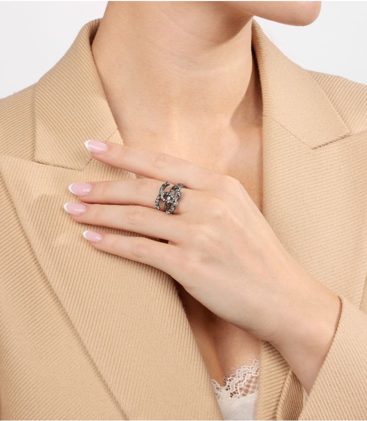 Chanel Crystal Aged Ruthenium Tone CC Logo Ring AAJ069 | Xupes
