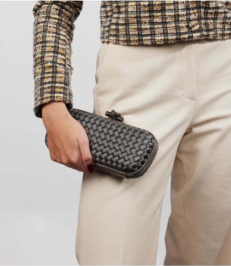 Bottega Veneta Grey Silk & Python Knot Clutch CB1013 | Xupes