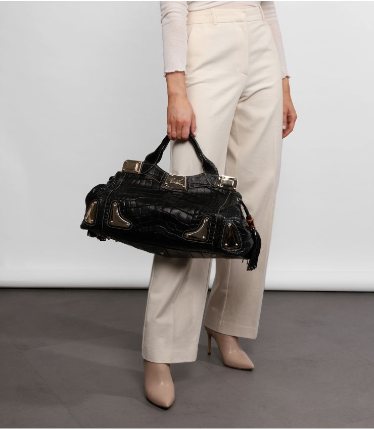 Gucci Black Matte Alligator Large Tassle Race Tote CB1206 | Xupes