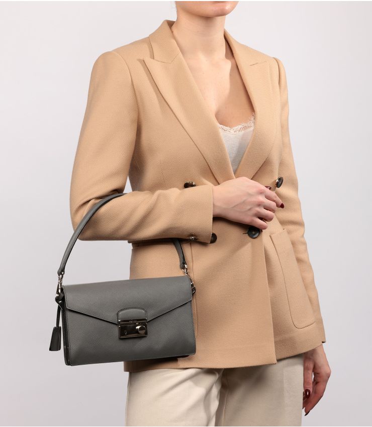 Prada Dark Grey Saffiano Lux Mini Sound Flap Bag CB994 | Xupes