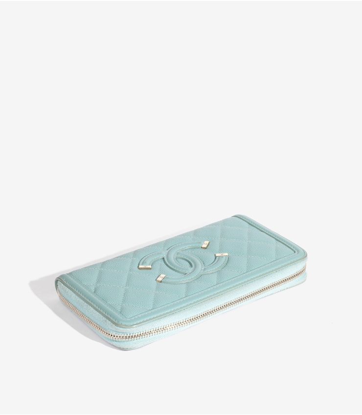 Chanel Light Blue Caviar CC Filigree Zip Wallet AA0262 | Xupes