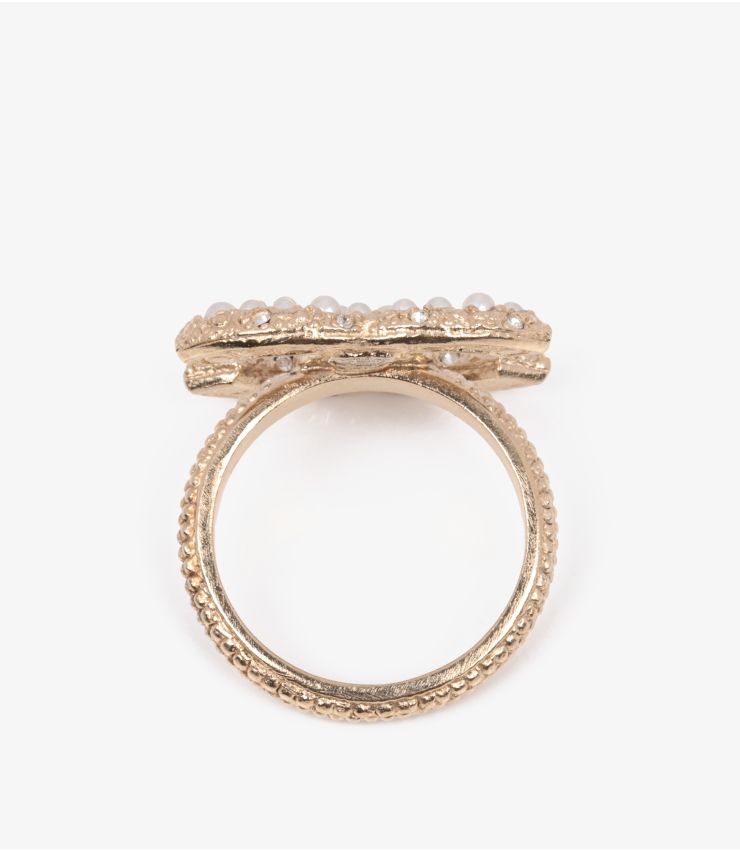 Chanel Faux Pearl Matte Gold Tone CC Logo Ring AAJ054 | Xupes