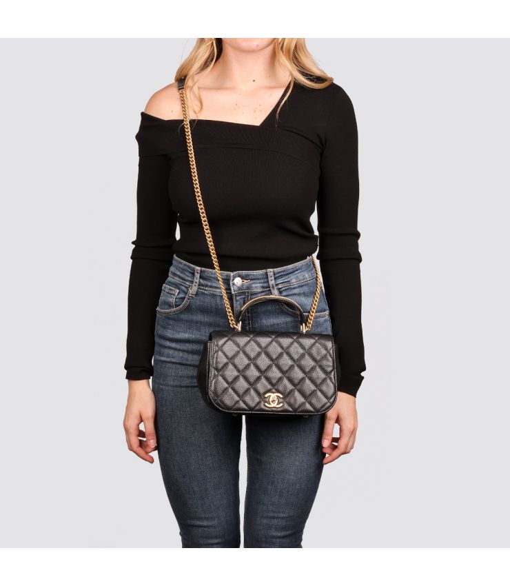 Chanel Black Caviar Medium Top Handle Flap Bag HB4626 | Xupes