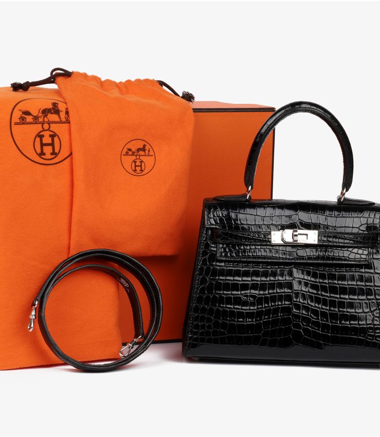 Hermès Black Shiny Crocodile Vintage Kelly 20cm JJLG141 Xupes