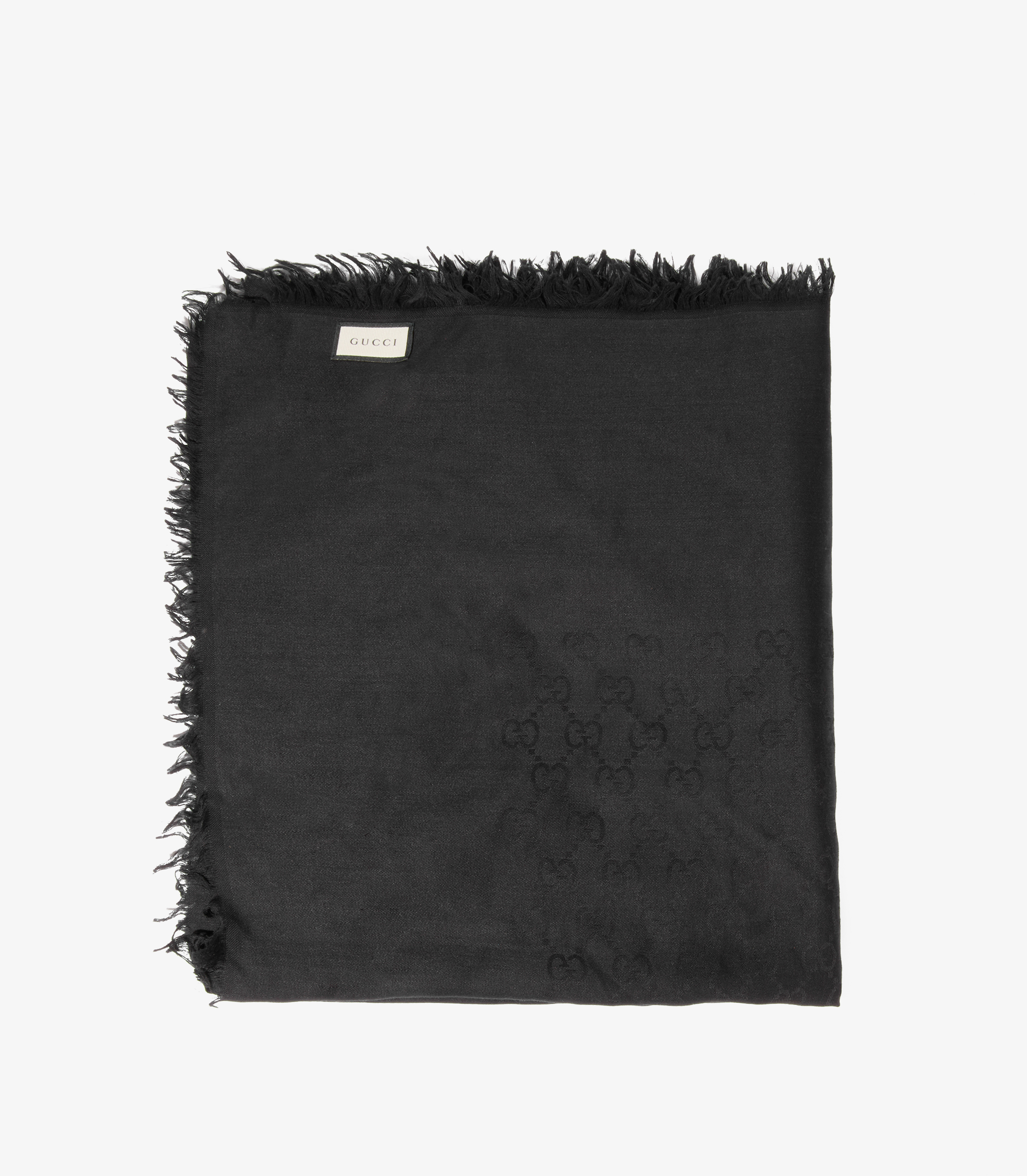 Black GG Silk Jacquard Fringed Scarf