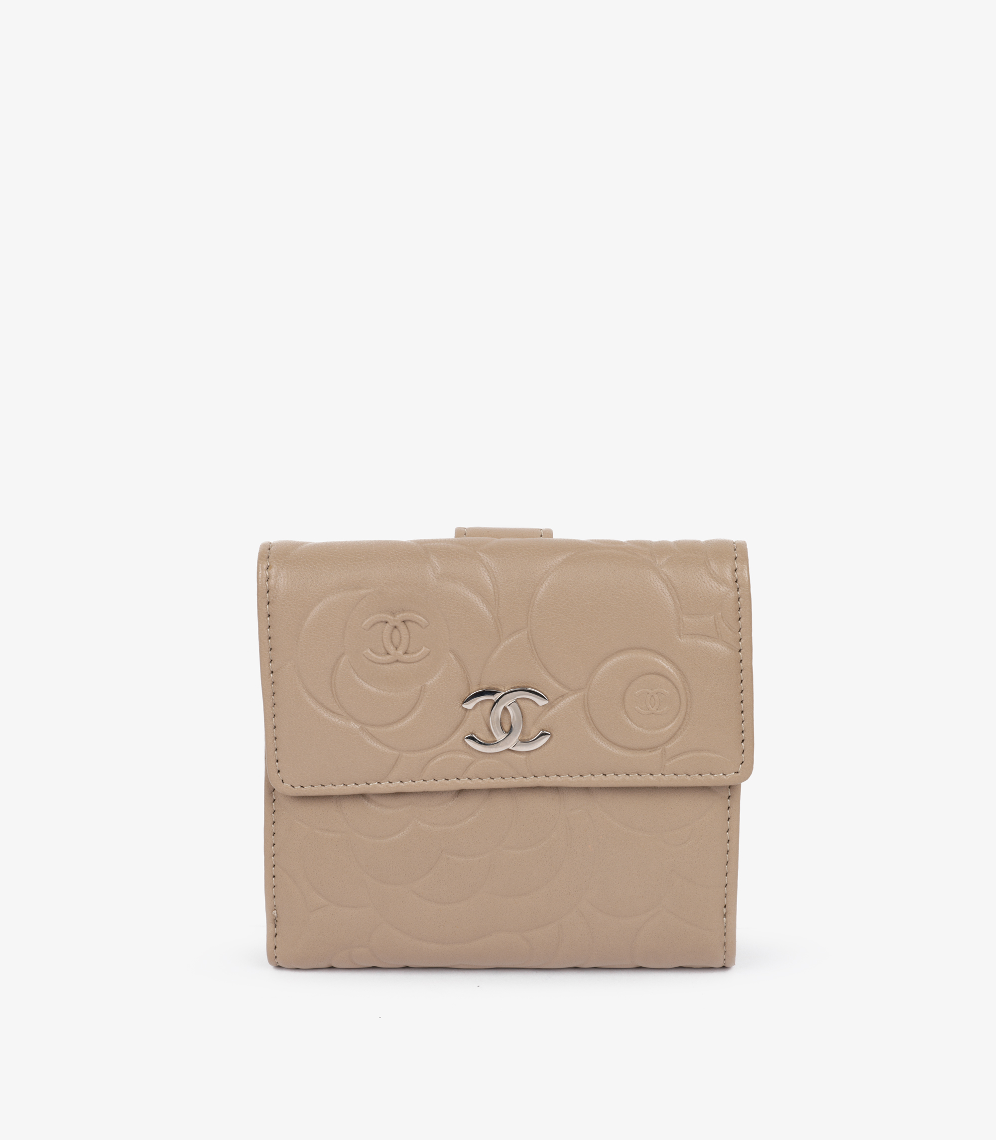 Taupe Camellia Embossed Lambskin Leather Classic Compact Wallet