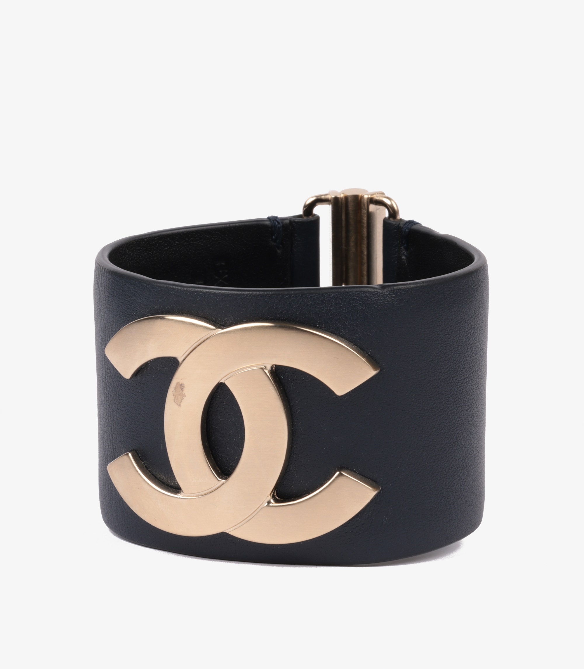 Gold Tone Navy Lambskin Leather CC Bracelet