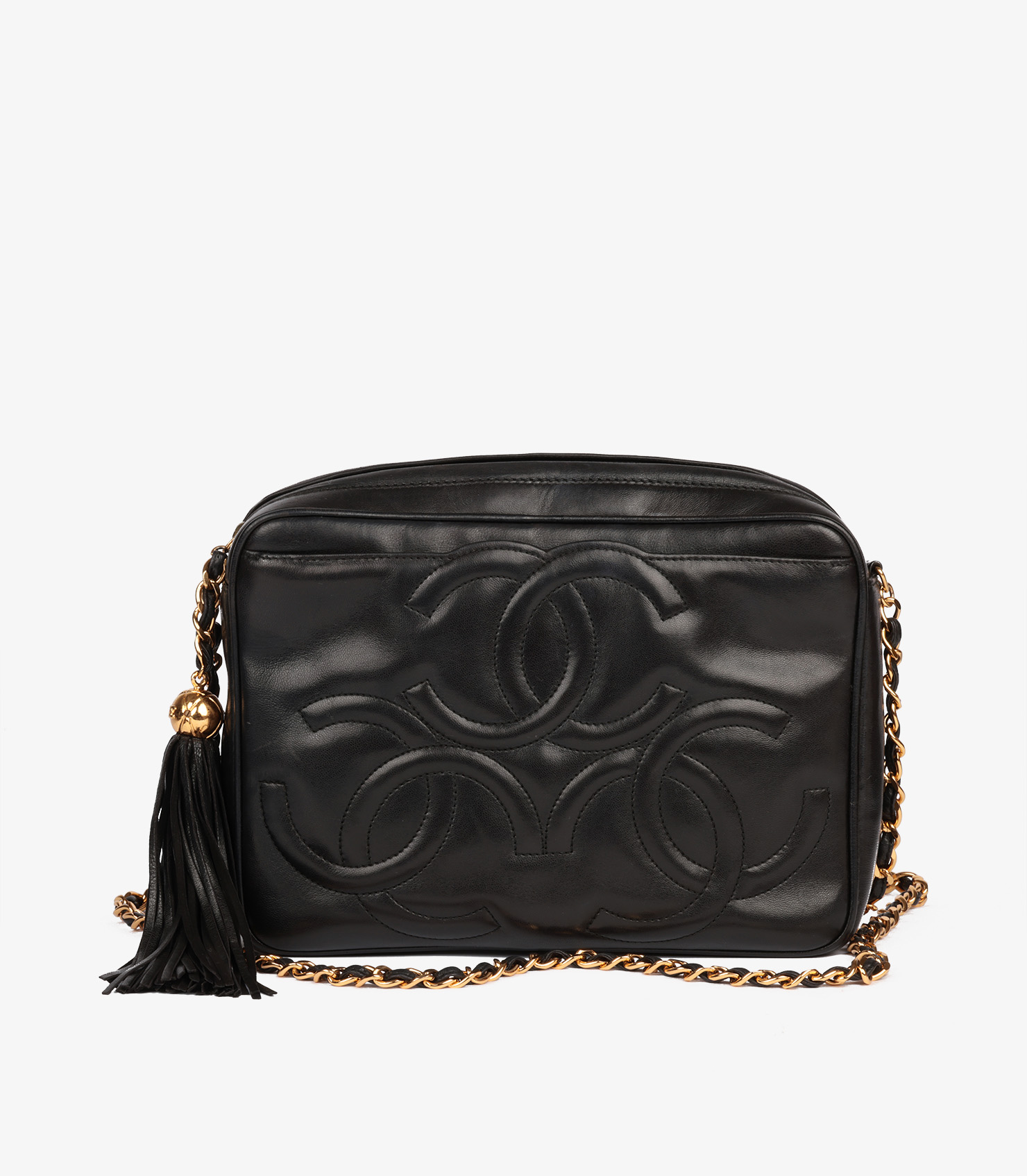 Black Smooth Lambskin Leather Vintage Small Fringe Timeless Camera Bag