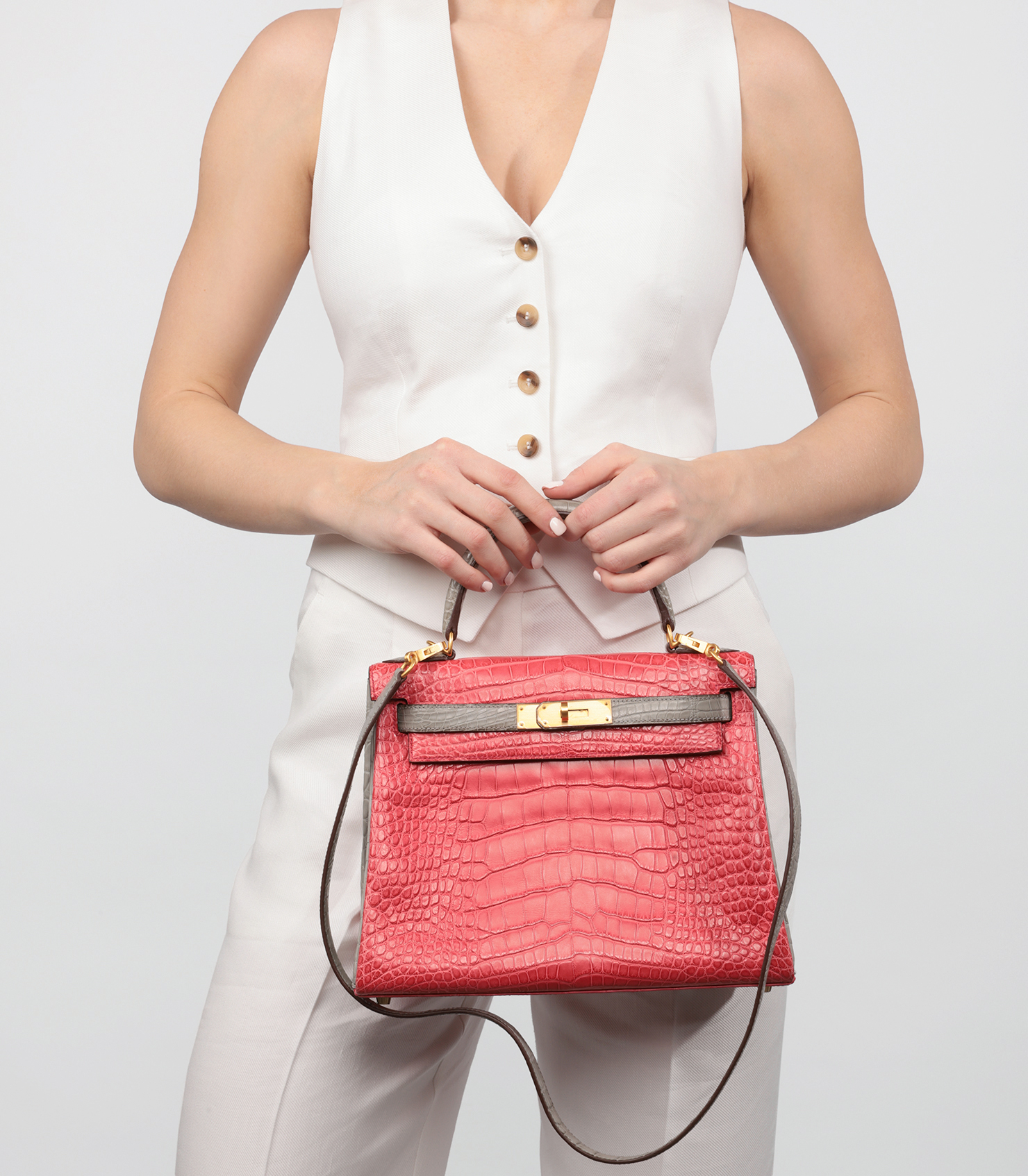 Hermès Bougainvillea & Gris Perle Matte Mississippiensis Alligator Leather HSS Special Order Kelly 28cm Retourne at Xupes