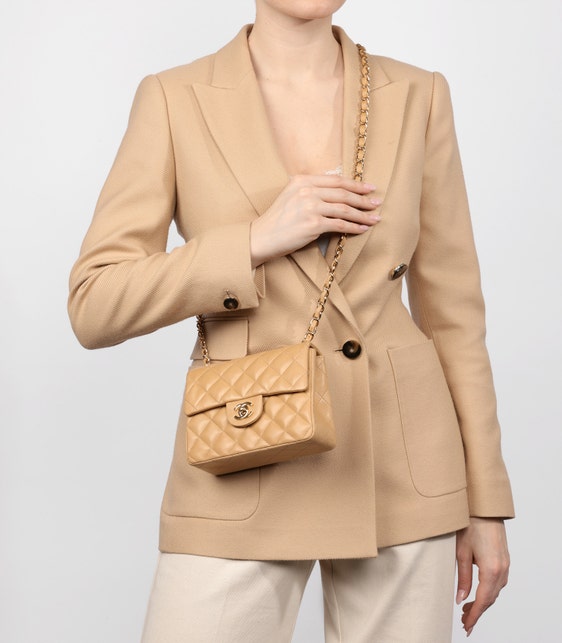 Beige Quilted Lambskin Vintage Square Classic Mini Flap Bag