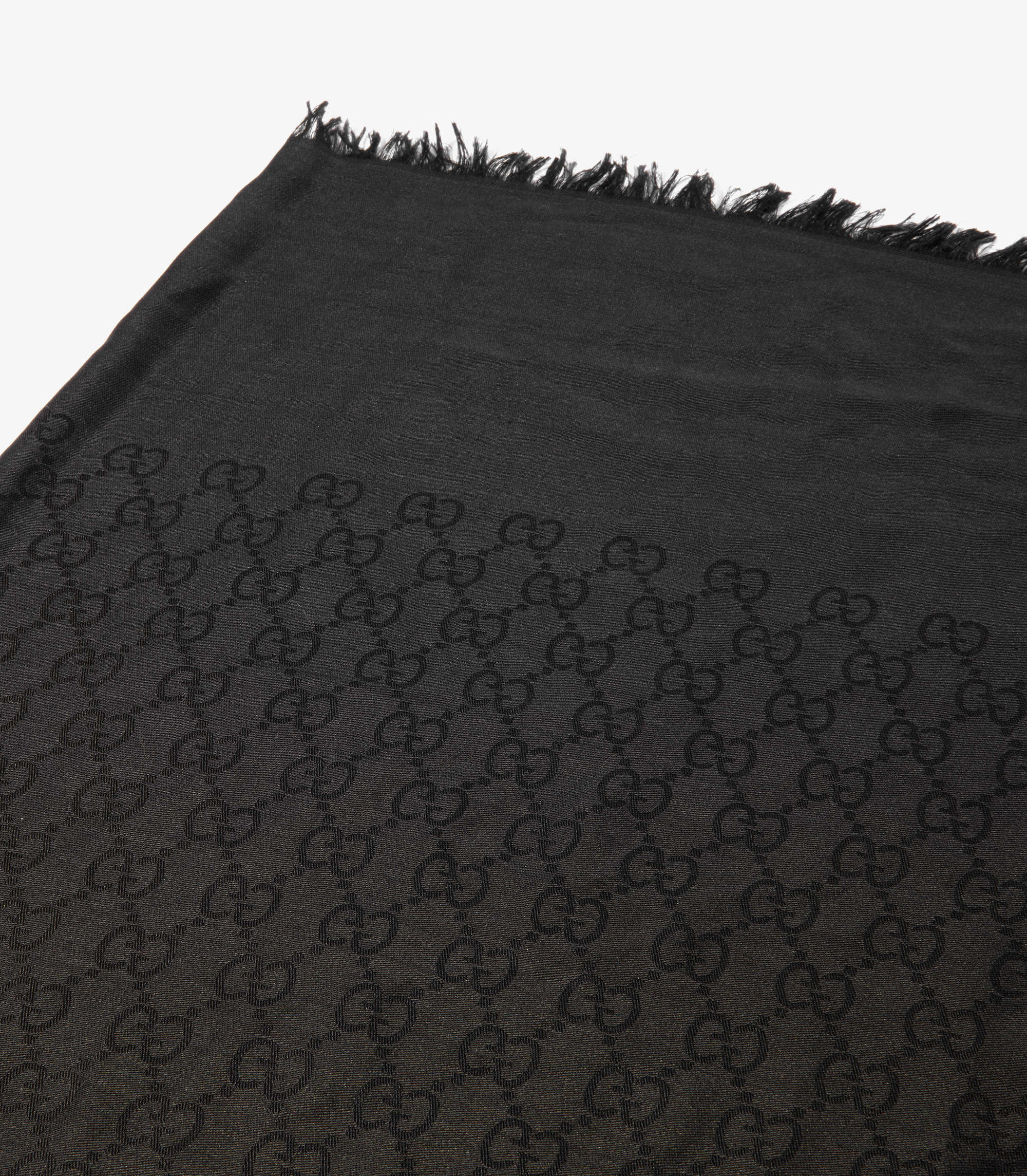 Black GG Silk Jacquard Fringed Scarf