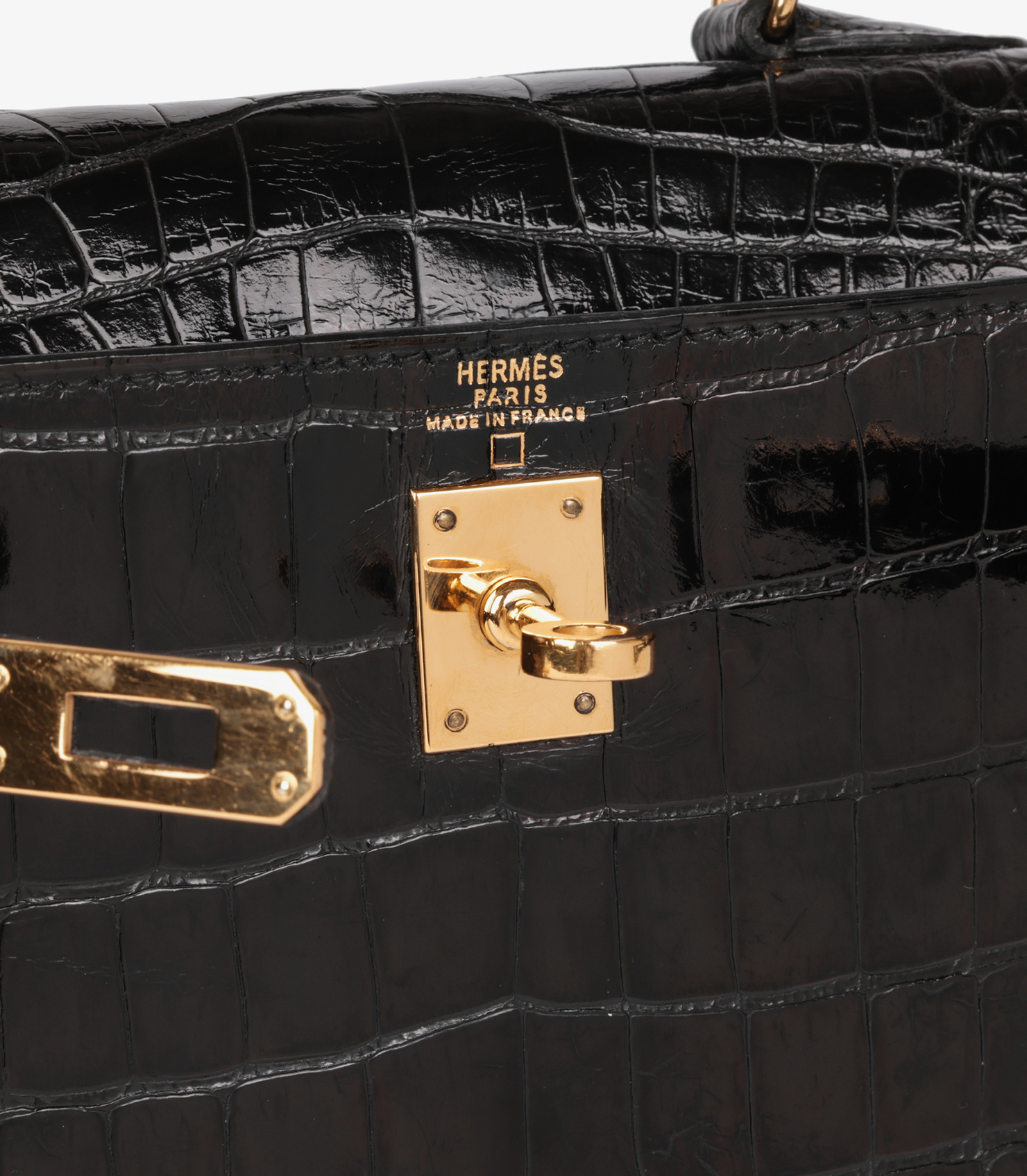 Hermès Black Shiny Mississippiensis Alligator Leather Vintage Kelly 20cm Sellier at Xupes