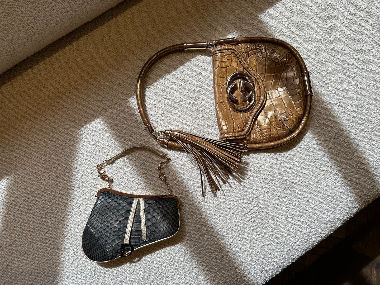 Gucci Bronze Metallic Alligator Leather Vintage Britt Tassel Flap Bag and Christian Dior Metallic Black Snakeskin & Gold Calfskin Leather Vintage Mini Saddle Bag