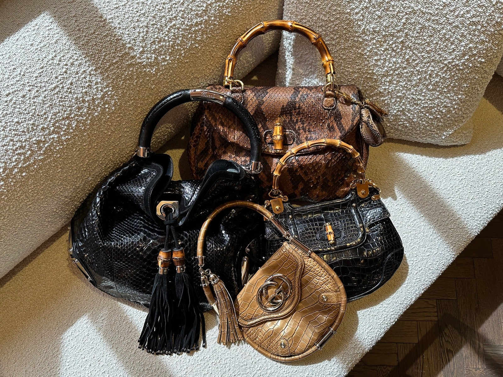 Mix of vintage exotic limited edition Tom Ford for Gucci Bags, including Bamboo and Britt