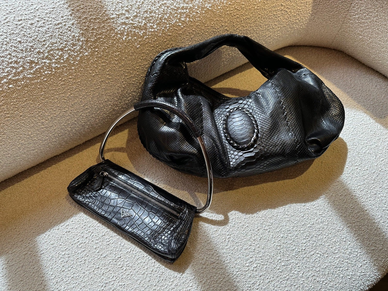 Prada Midnight Blue Matte Alligator Leather Ring Top Handle Shoulder Bag and Bottega Veneta Black Python Belly Croquet Hobo Shoulder Bag Xupes