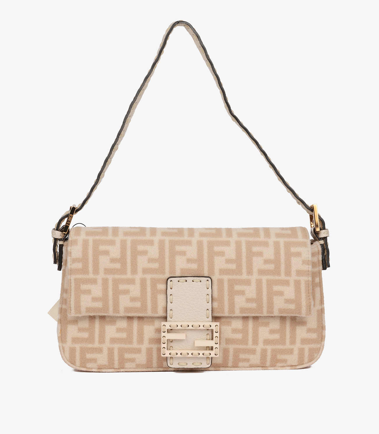 Fendi Beige Wool & Cream Calfskin Leather Baguette Shoulder Bag