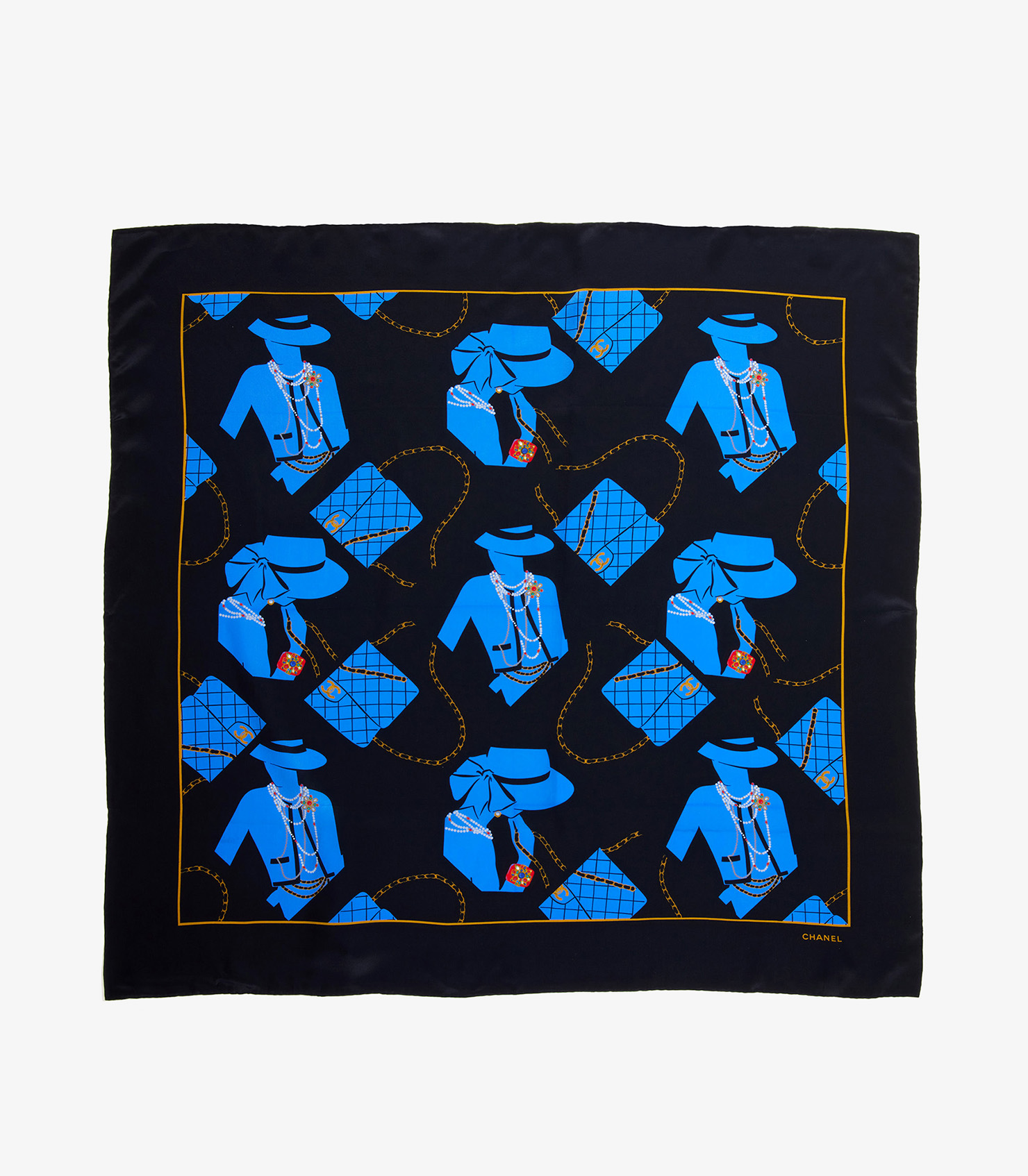 Chanel Black & Blue Silk Vintage Flap Bag Motif Scarf from Xupes