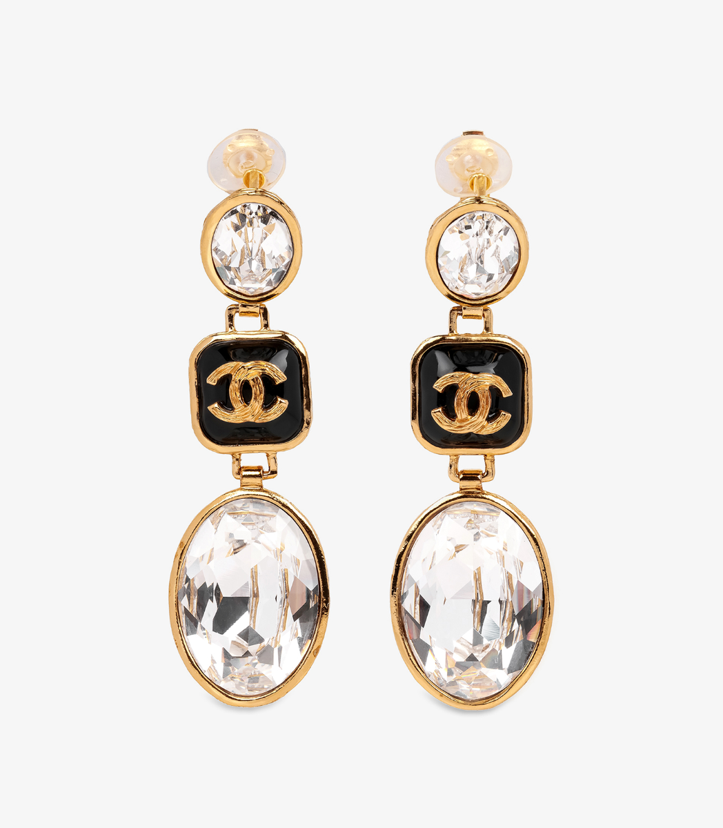 Chanel Chrystal & Black Resin CC Drop Clip Earrings from Xupes