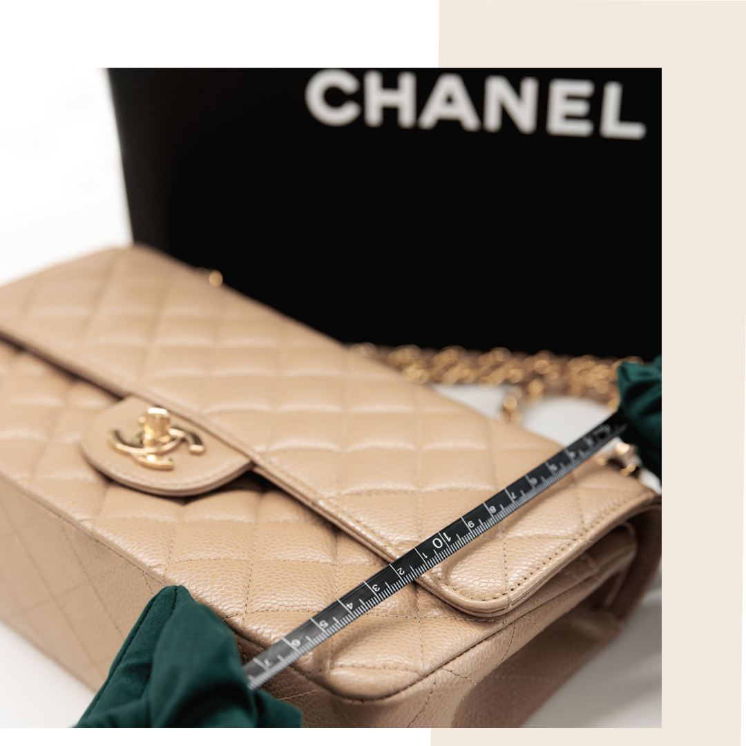 Pre-loved Chanel Beige Caviar Leather Medium Classic Double Flap Bag with gold hardware being authenticated and quality checked by Xupes team.